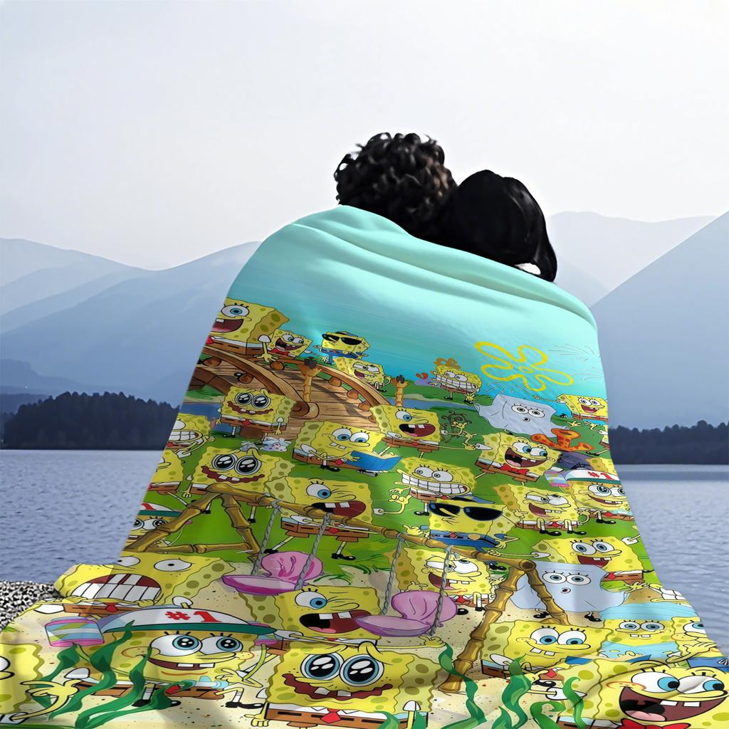 Multiple Cute SpongeBob Cartoon Print Pattern Flannel Blanket Soft Multifunctional Decortive Universal Throw Blanket Gift