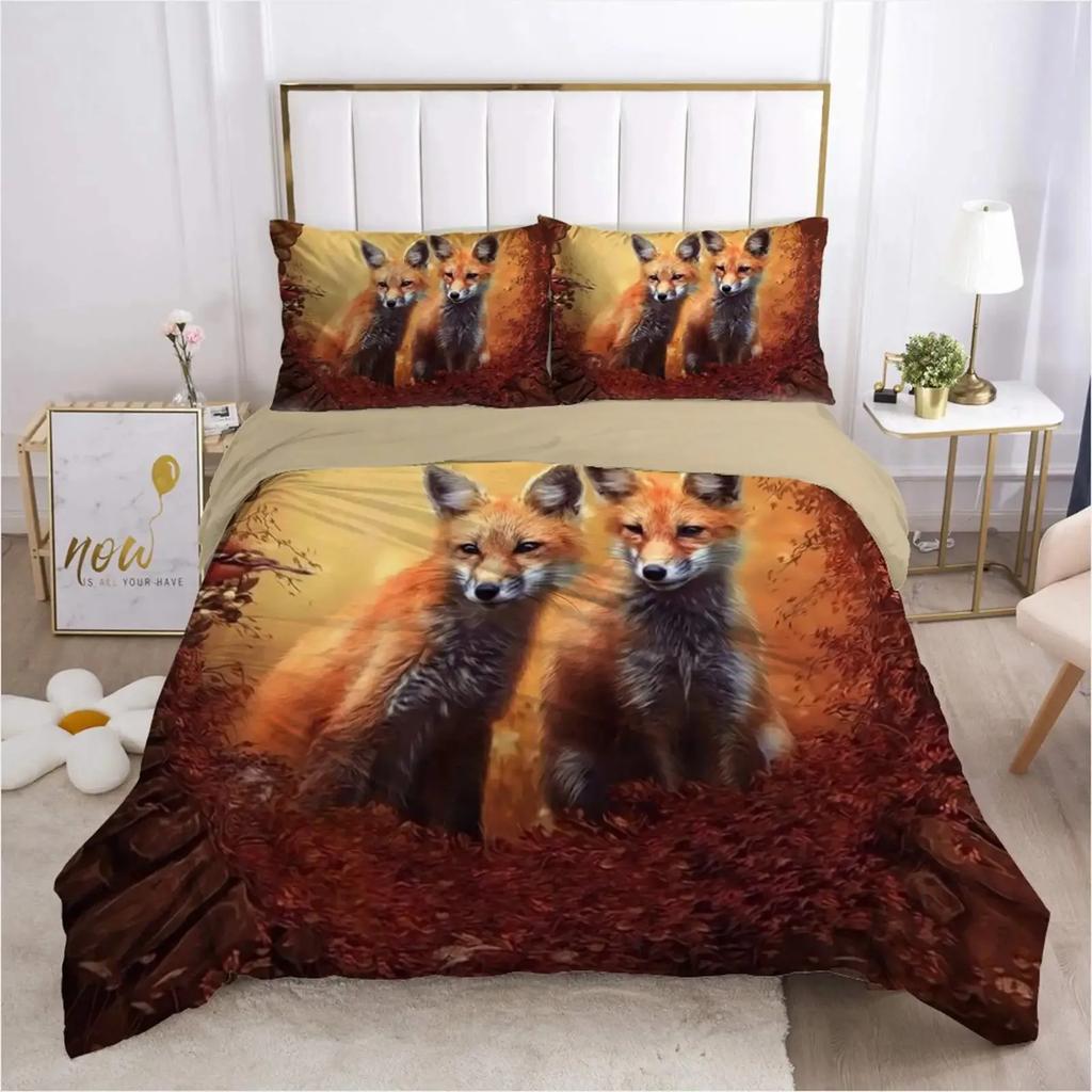 Girls Cartoon Fox Duvet Cover Set Cute Fox Bedding Set Kawaii Animals Comforter Cover Botanical Floral Bedspread Cover Full Size