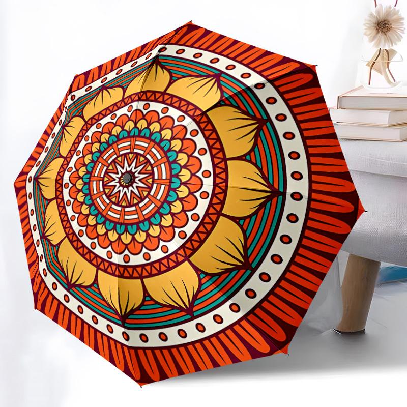 1pc Mandala Pattern Automatic Folding Umbrella - Compact 8-Rib Design, Durable Plastic & Iron, Lightweight for Outdoor Daily Use024
