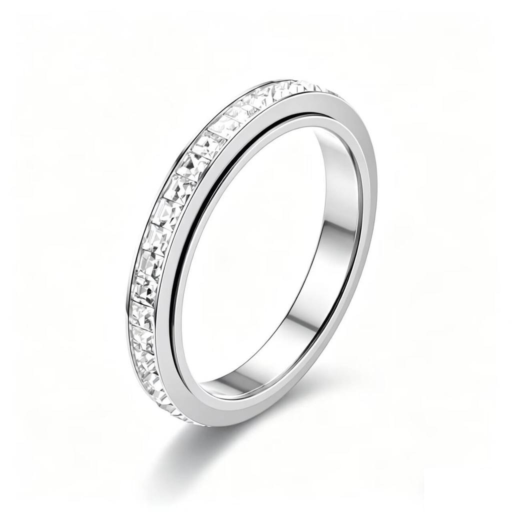 Light luxury temperament rotatable single row full diamond titanium steel ring women's 18k non-fading zircon gypsy couple ring
