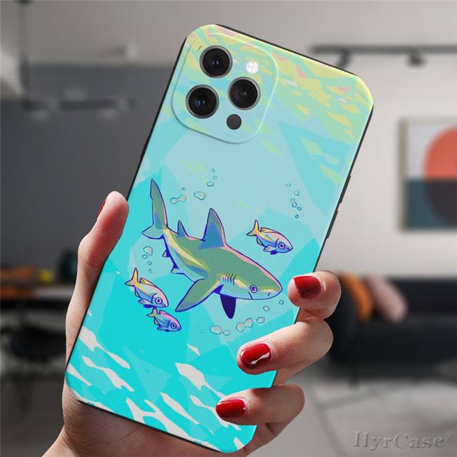 For Iphone 13 11 12 14 Pro Max X Xs Xr Mini 6s 7 8 Plus Xsmax Black Case Cosmic Whale Shark Animal Art Silicone Protective Cover