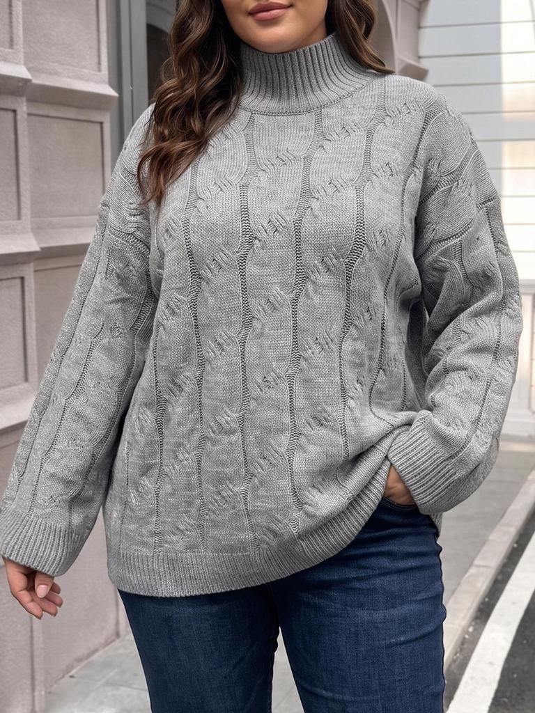 European & American Plus Size Women's Loose Cable Knit Sweater with Bell Sleeves - Autumn/Winter Pullover