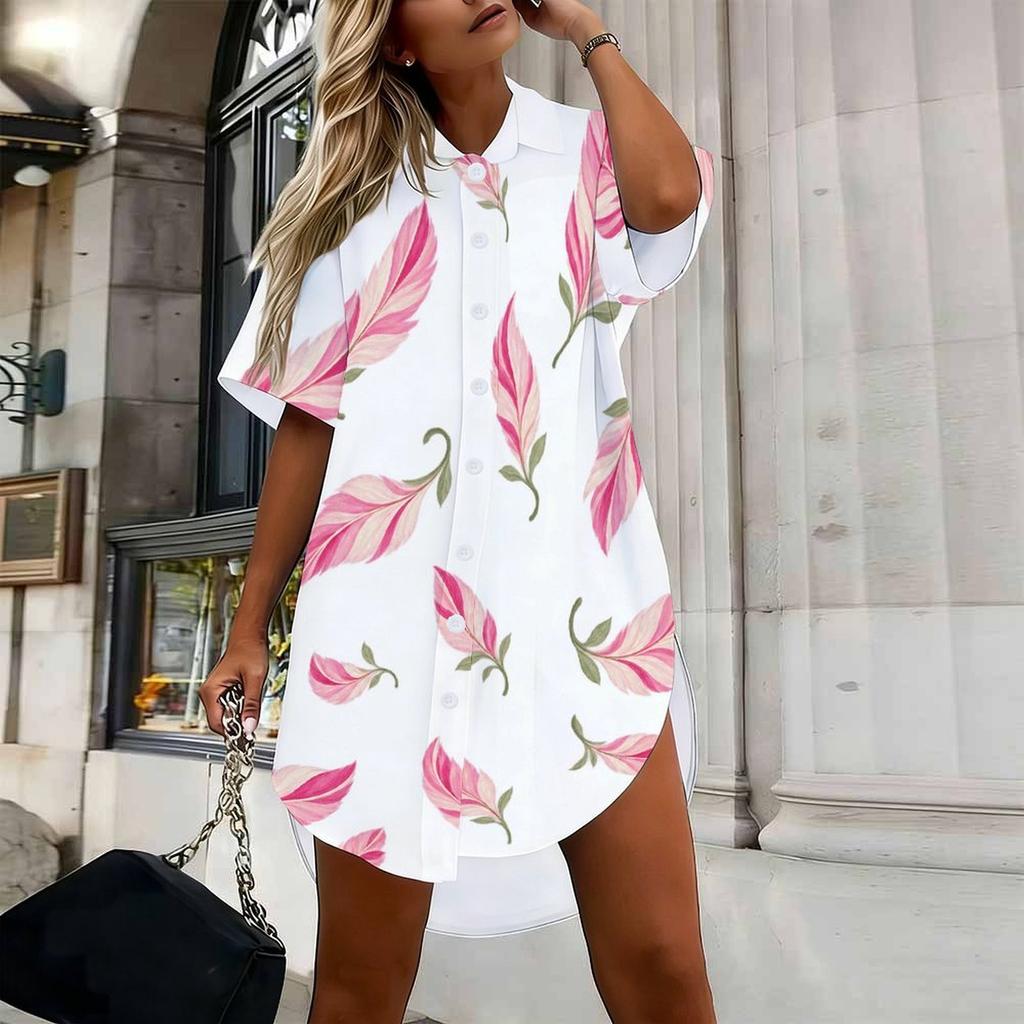 Women Plus Size White Floral Printed Collared Short Sleeve Button Front Curved Hem Shirt Dress