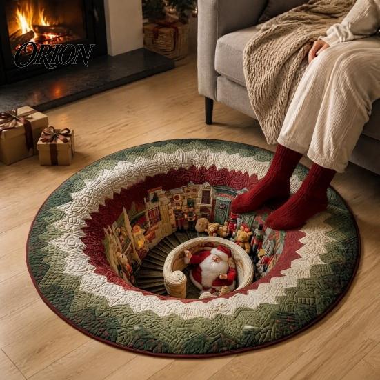 Retro Style Floor Pad Christmas Round Area Rug, 3D Optical Illusion Carpet, Stain & Wear Visual Rug Resistant Throw for Living Room Sofa Bedroom