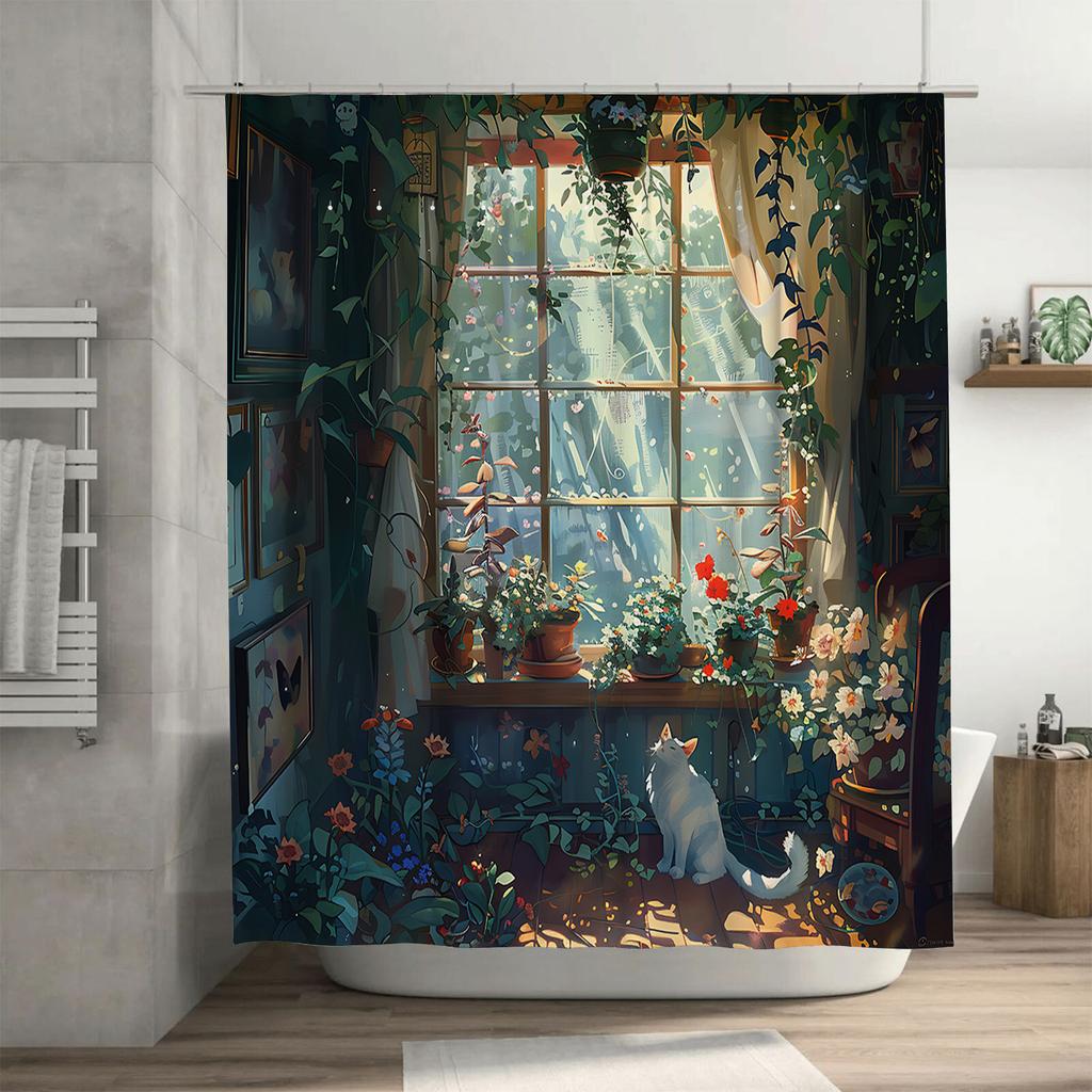 Enchanting Window View Cat and Plants Shower Curtain - Artistic Illustration Home Decor Easy to Clean and Maintain  Easy-Clean