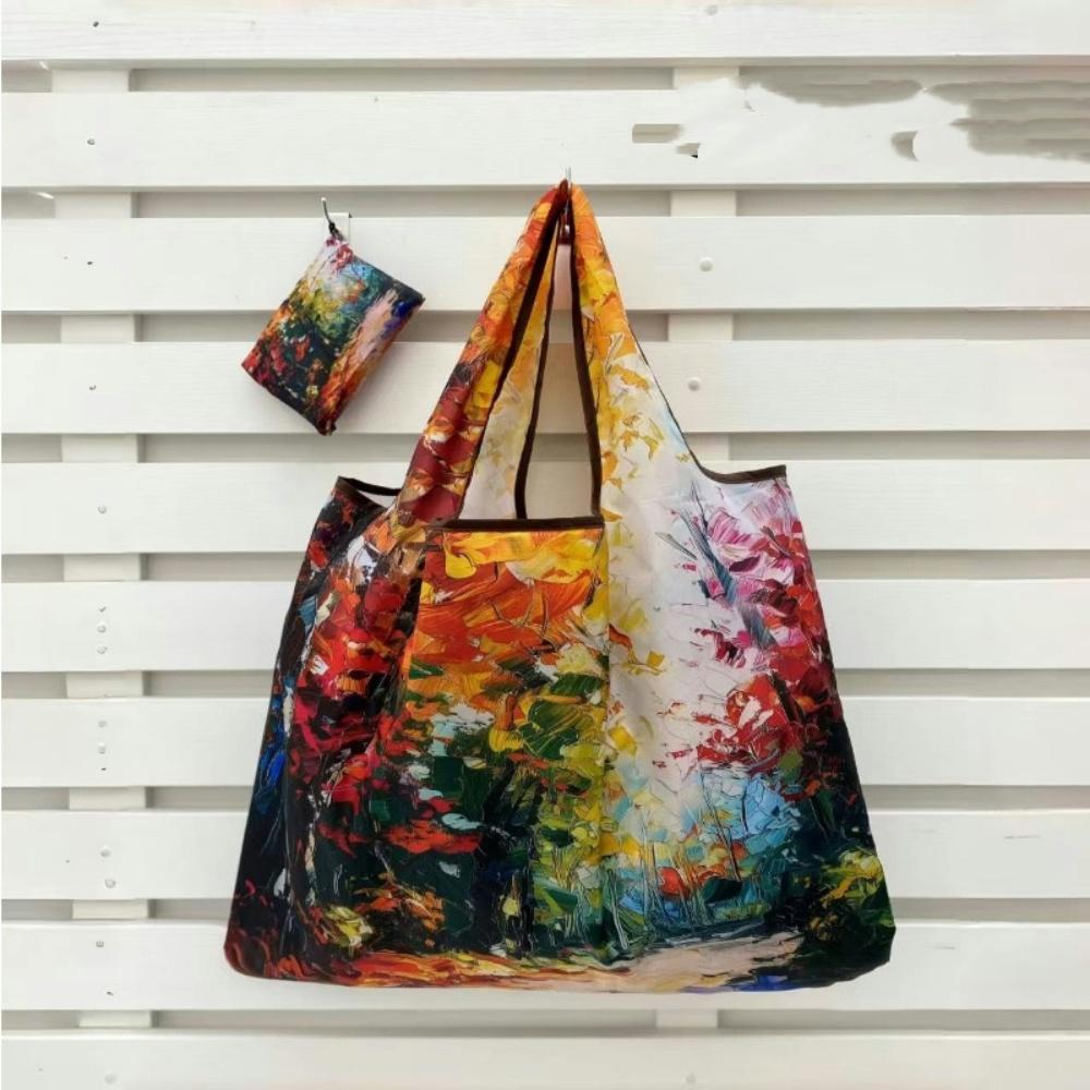 Large Foldable Shopping Bag Fashion Oil Painting Reusable Grocery Storage Bag Oxford Portable Shoulder Handbag Tote Bag