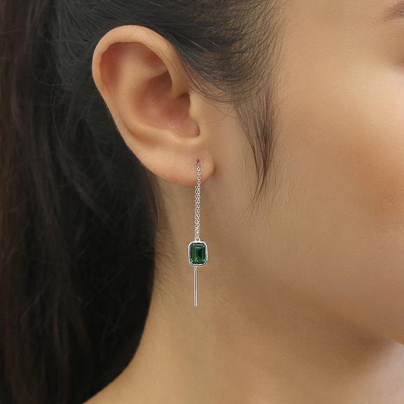 Silver Plated Emerald Cut Green CZ Threader Earrings, Long Chain Drop Earrings for Women