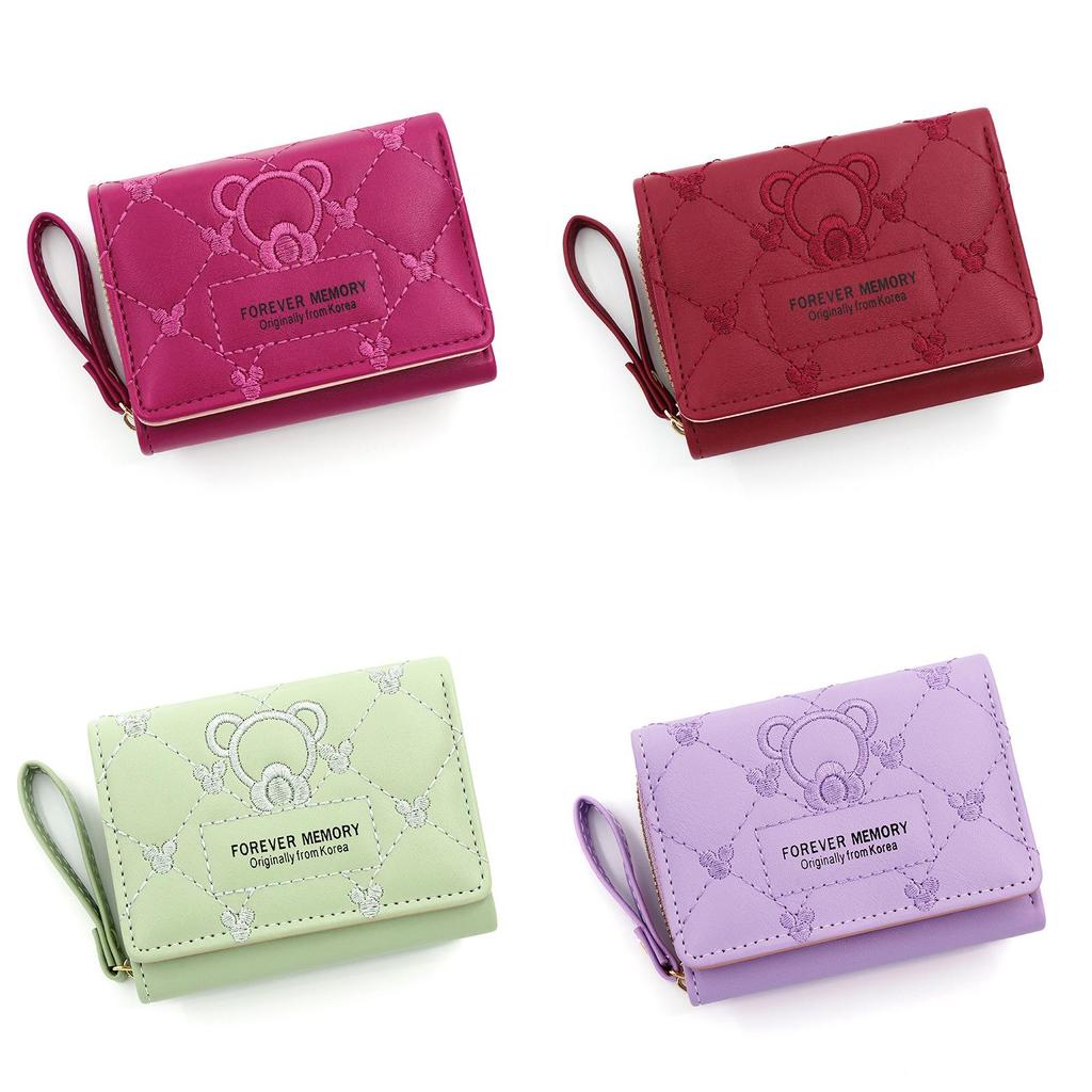Cartoon Embroidered Pu Wallet For Women With Multiple Card Slots And Zipper Closure