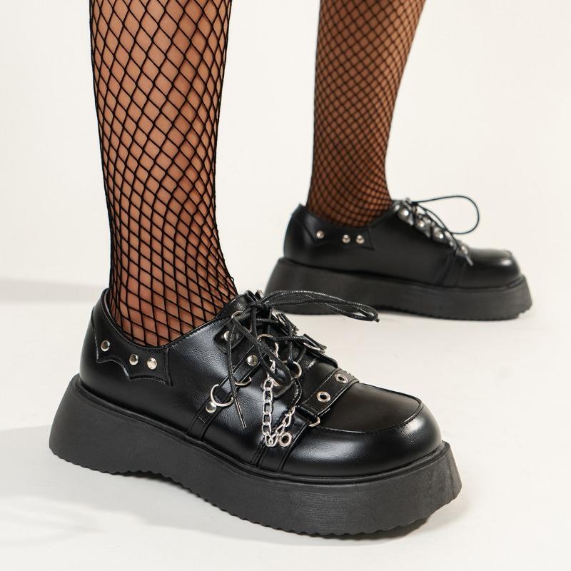 Fashion Metal Chain Wedge Single Fall New Round Toe Deep Mouth Front Lace-Up Platform Non-Slip Low-Top Shoes
