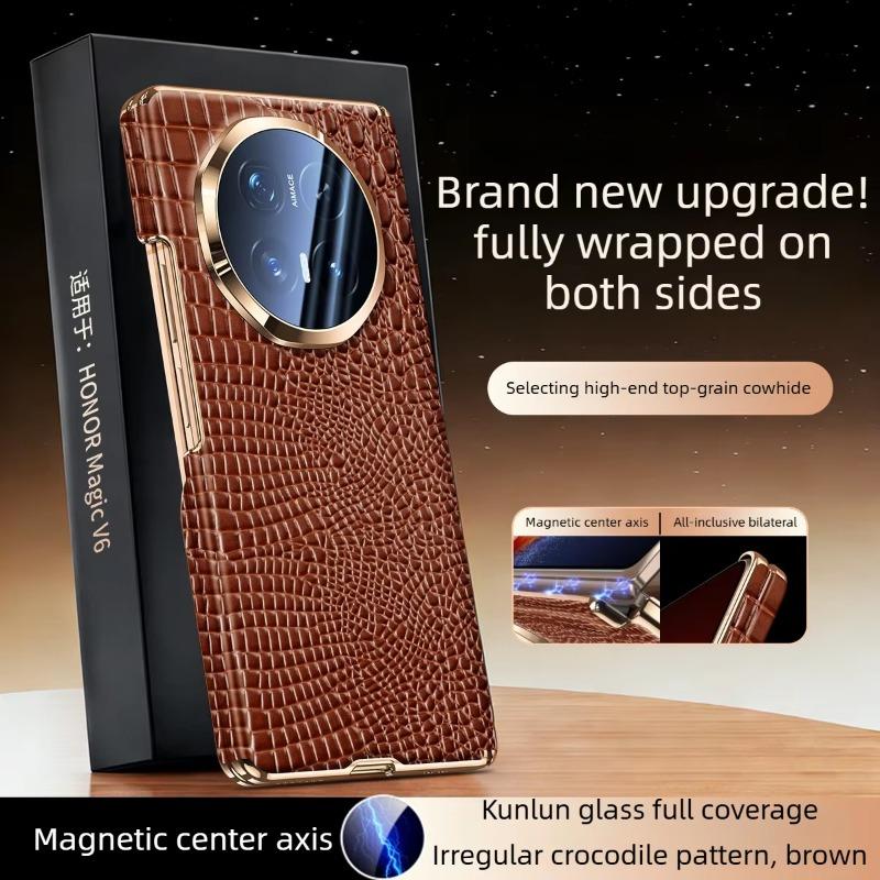 [[Dual-axis Protection] for Honor Magic V6 Case Luxurious Genuine Leather for Magsafe Wireless Charging Premium Back Phone Case