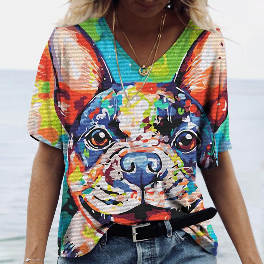 Summer V-neck 3D Dog Printed Top Fashionable Casual Short Sleeved Women's T-shirts