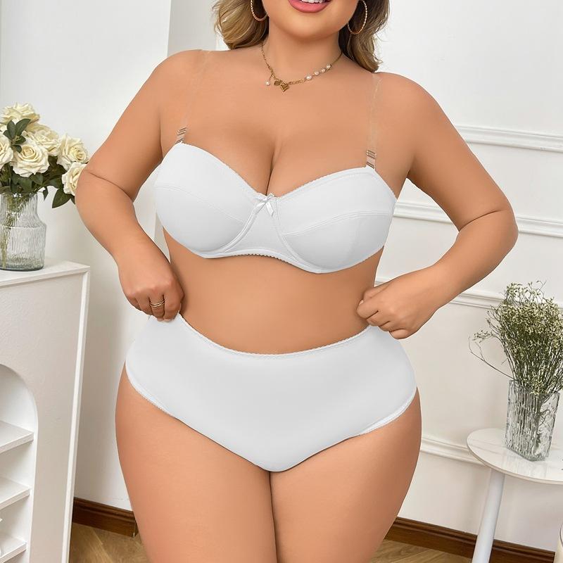 Women's Large Size Transparent Strap Bra Set with Removable Straps and Underwire Underwear Thin Comfortable and Breathable Briefs