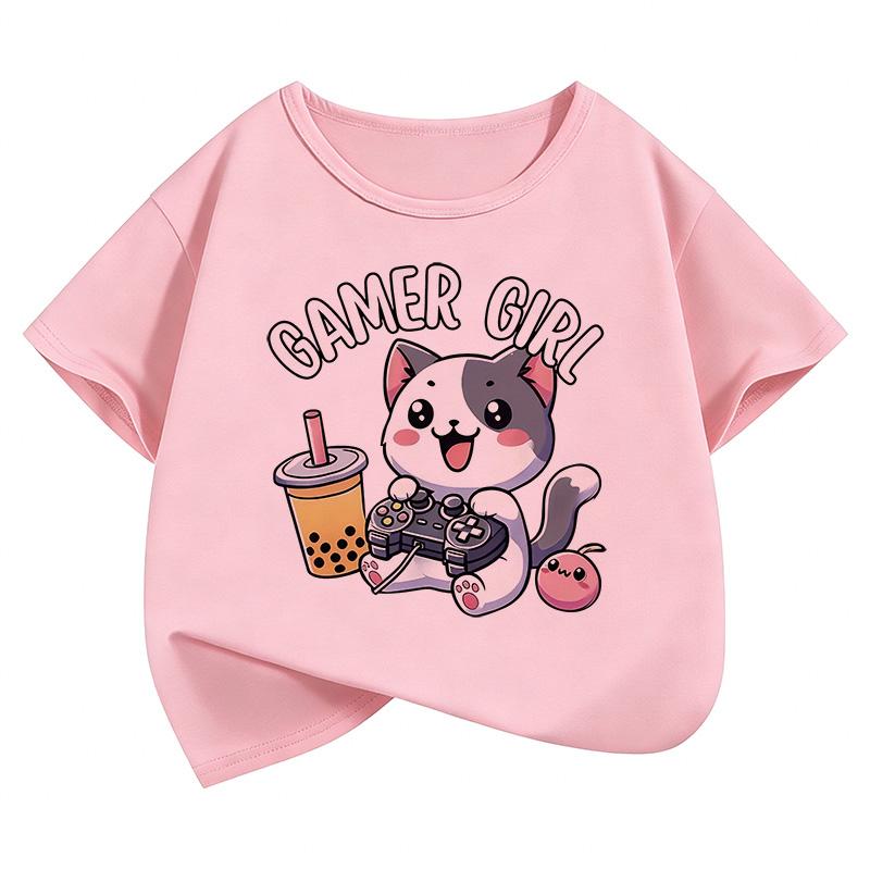 Funny Gamer Girl Cat Print Kids Short Sleeves T-Shirt Loose Casual Summer Outdoor Street Boy and Girl Tees Tops