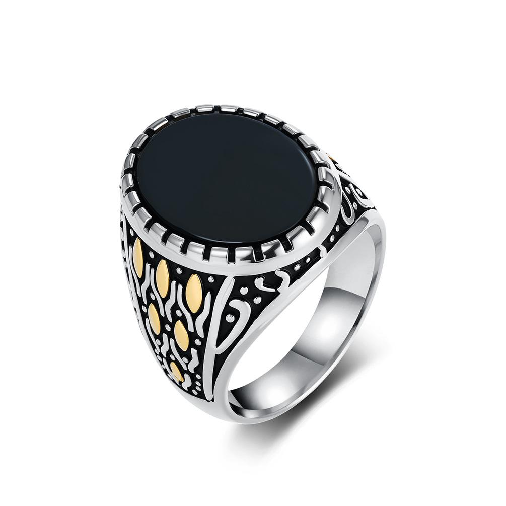Popular Retro Hand Jewelry Titanium Steel Inlaid Black Gemstone Ring Men s Gold-plated Literary Trend Index Finger Ring 9# золотистый