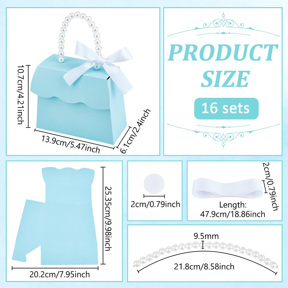 16sets Foldable Paper Wedding Candy Totes with White Imitation Pearl Round Beaded Handle and Ribbon Handbag Shape Light Cyan 13.9x6.1x10.7cm