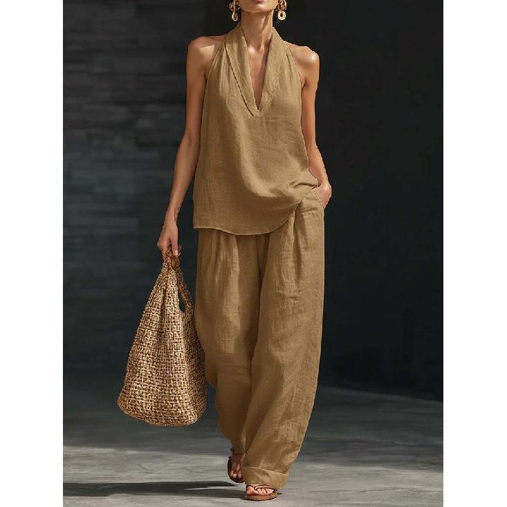 2026 Summer Women's Solid Color Halter Neck V-Neck Sleeveless Casual Suit