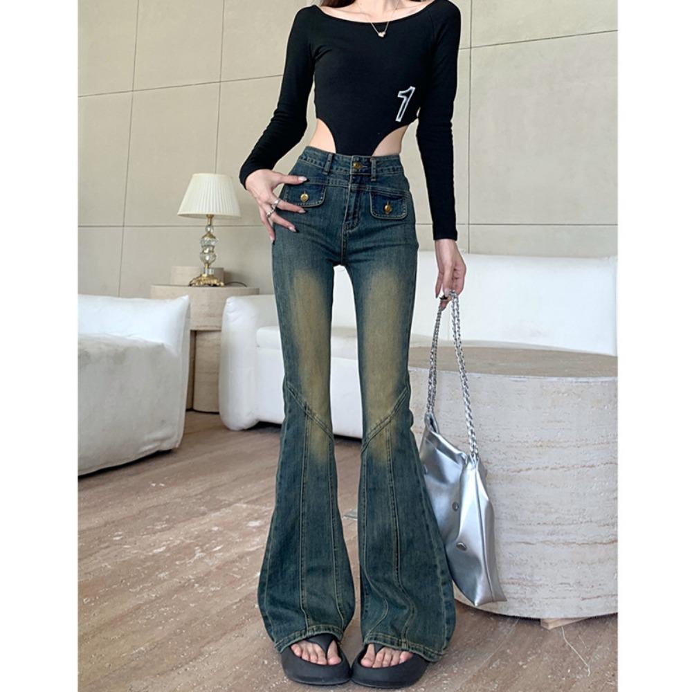 Spice girl personality street high-waisted micro-pull jeans women's spring and autumn new thin micro-pull horseshoe jeans