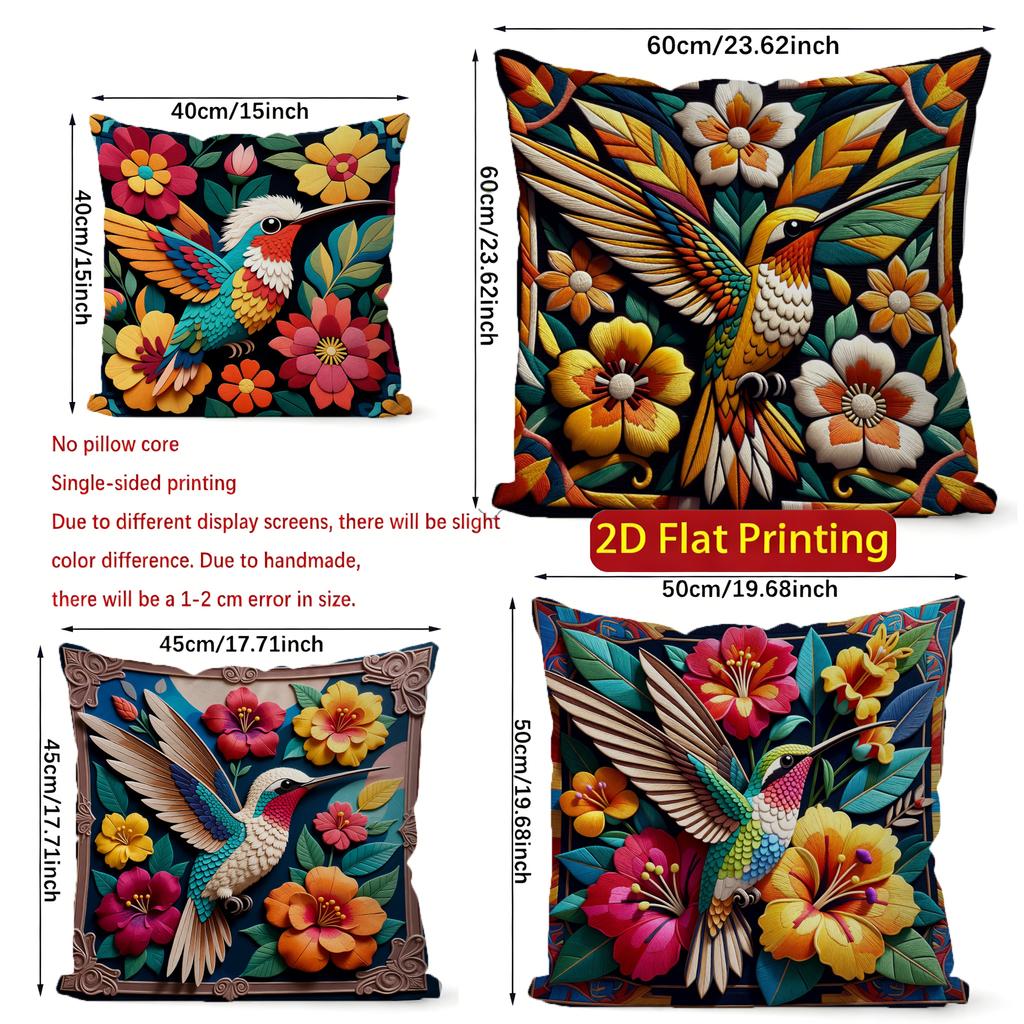 2D Bohemian Hummingbird Floral Throw Pillow Covers Pattern Cushion Cover Suitable For Sofa Bedroom Car Pillow Cover