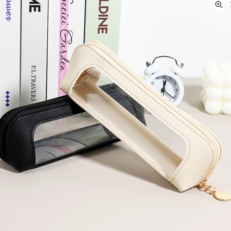 1pc Elegant PVC Portable Travel Makeup Bag With Transparent Window - Cosmetic Pen & Brush Organizer, Skincare Storage Pouch With Zipper Closure