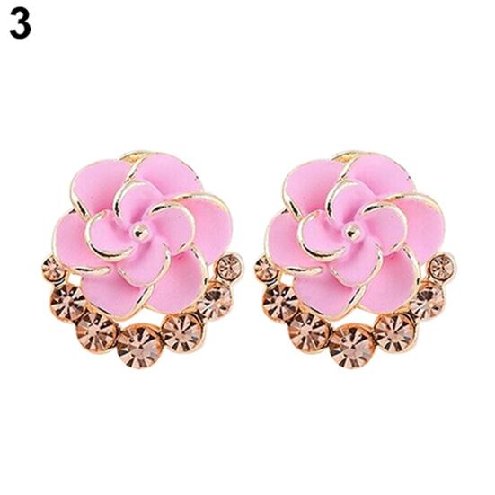 Women Peony Camellia Flower Rhinestones Alloy Ear Stud Earrings Party Jewelry