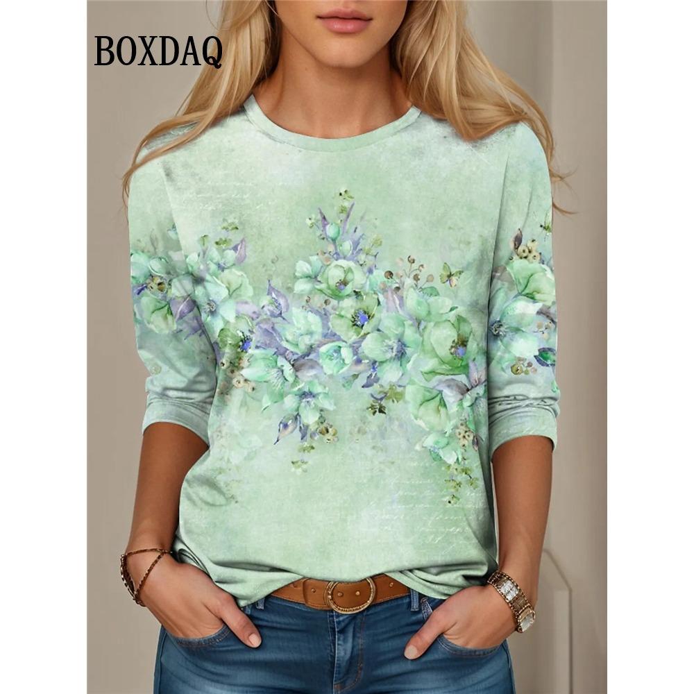 Tie Dye Rose Flower Print T Shirt Spring Women Long Sleeve Shirts Casual O-Neck Loose Plus Size Tops Fashion Clothes