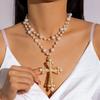 Exaggerated Personality Punk Style Imitation Pearl Necklace Cross Sweet and Cool Long Pendant Necklace Women