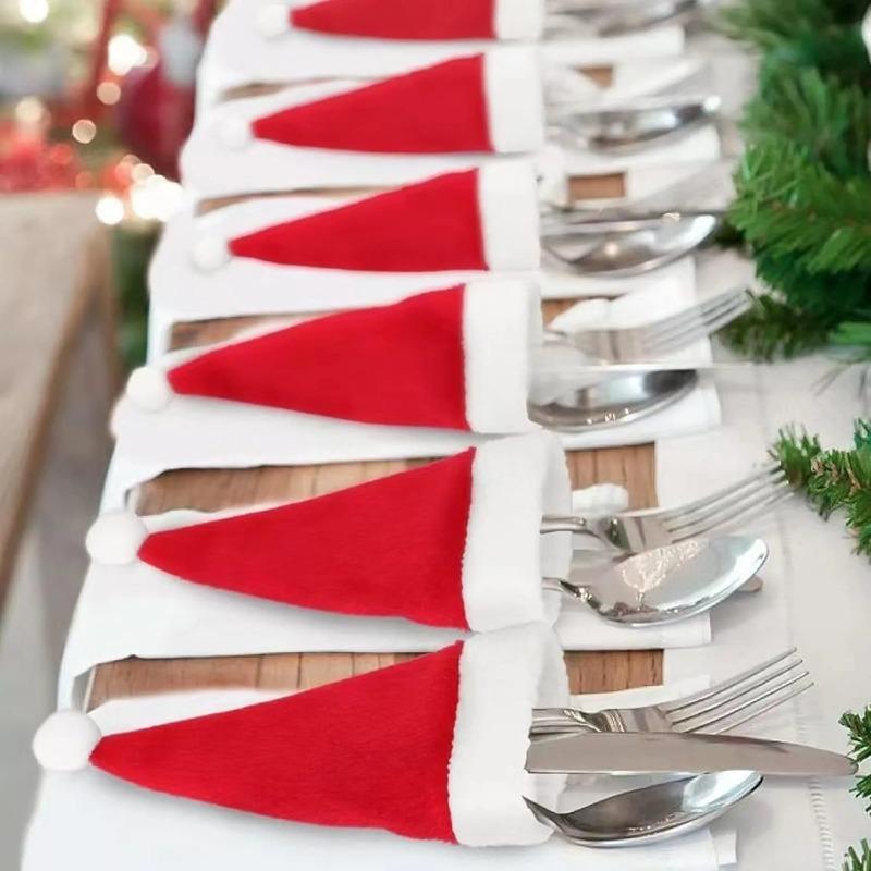 Christmas Tableware Set-Santa Hat Cutlery Bag Holder for Fork Knife Spoon, Holiday Dinner Party Decor, Xmas Home Kitchen Acces