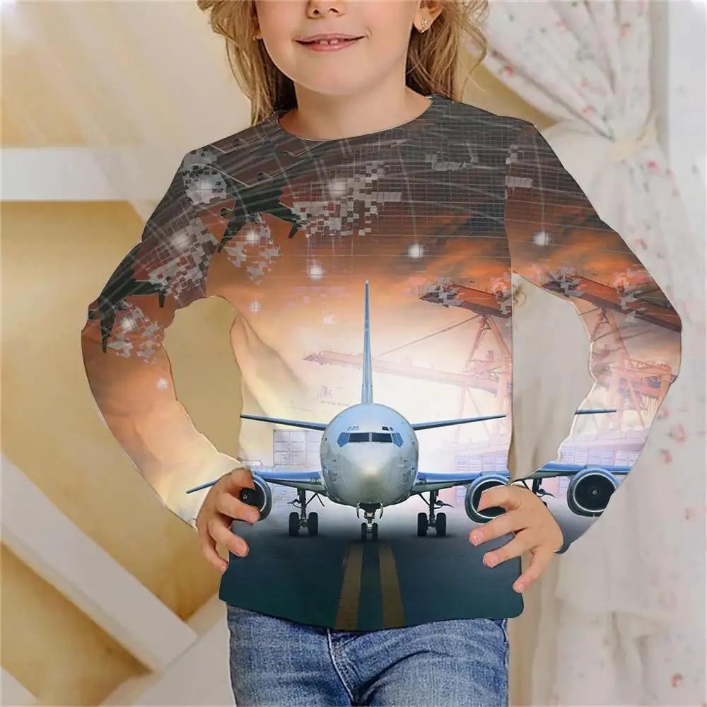 Children's Airplane 3D Digital Printing Girl Fun and Fashionable Round Neck Long Sleeved T-shirt