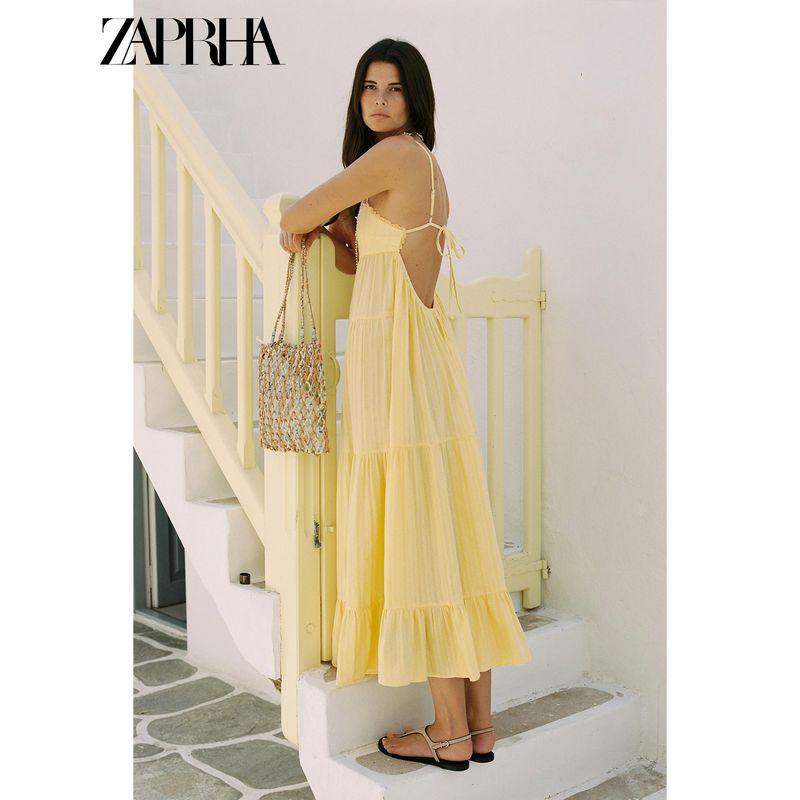 Zaprha 2025 Summer New Seaside Holiday Style Yellow Loose Backless Patchwork Dress 8232702