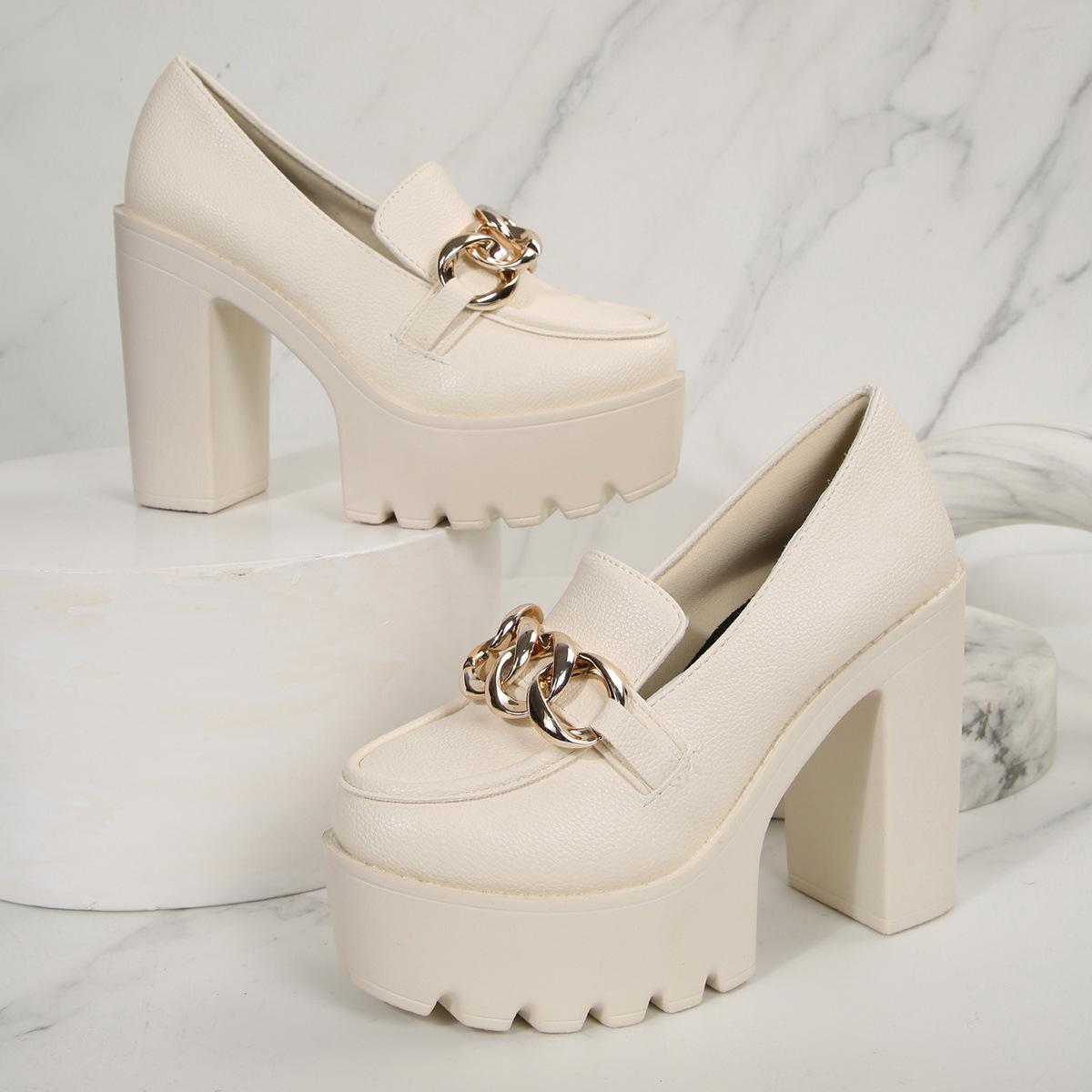 Металлическая цепочка Профессиональная обувь Женская 2025 Осень Новинка Толстый каблук Большой размер Туфли на высоком каблуке 35 бежевый