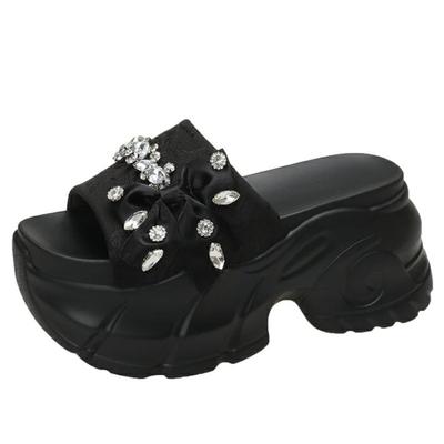 Fashion 9CM Women Bling Chunky Slippers Summer Ladies Beach Flip-Flops Wedges Heels Outside Sandals Woman High Platform Leather Shoes