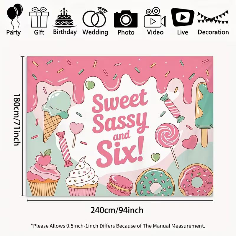 2D 6th Birthday Sweet Treat Background Cloth, Pink Ice Cream Party Backdrop
