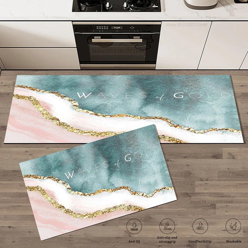 Luxury Black Gold Marble Kitchen Runner Rug Anti-slip Oil-resistant Washable Mat for Kitchen Sink Laundry Room