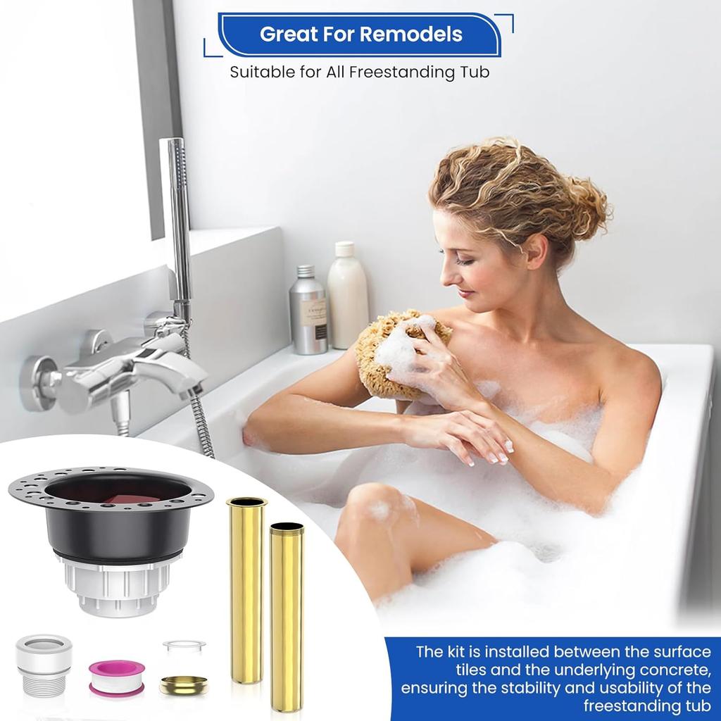 Freestanding Tub Drain Rough-in Kit, Island Bath Tub Drain Kit with PVC Plastic Adapter and Brass Tail Pipes, Compatible with Freestanding Bathtub,