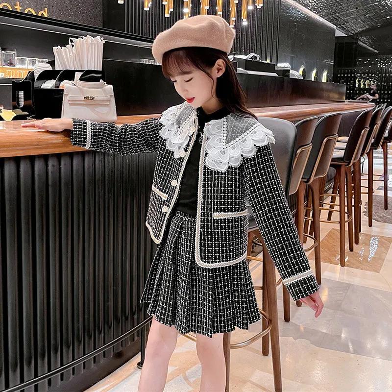 Girls' Autumn Elegant Set Design: Lace Button Jacket + Skirt Two-Piece Set