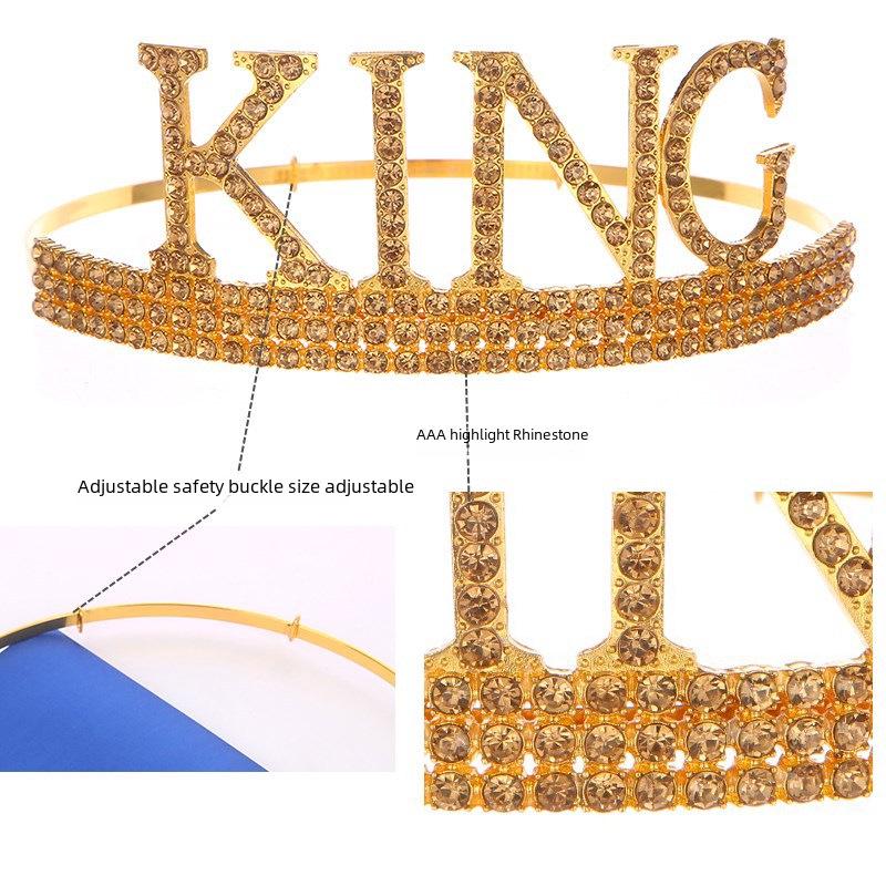 Men's Birthday King Crown and Sash Set - Party Hat Headdress for Cake Celebration