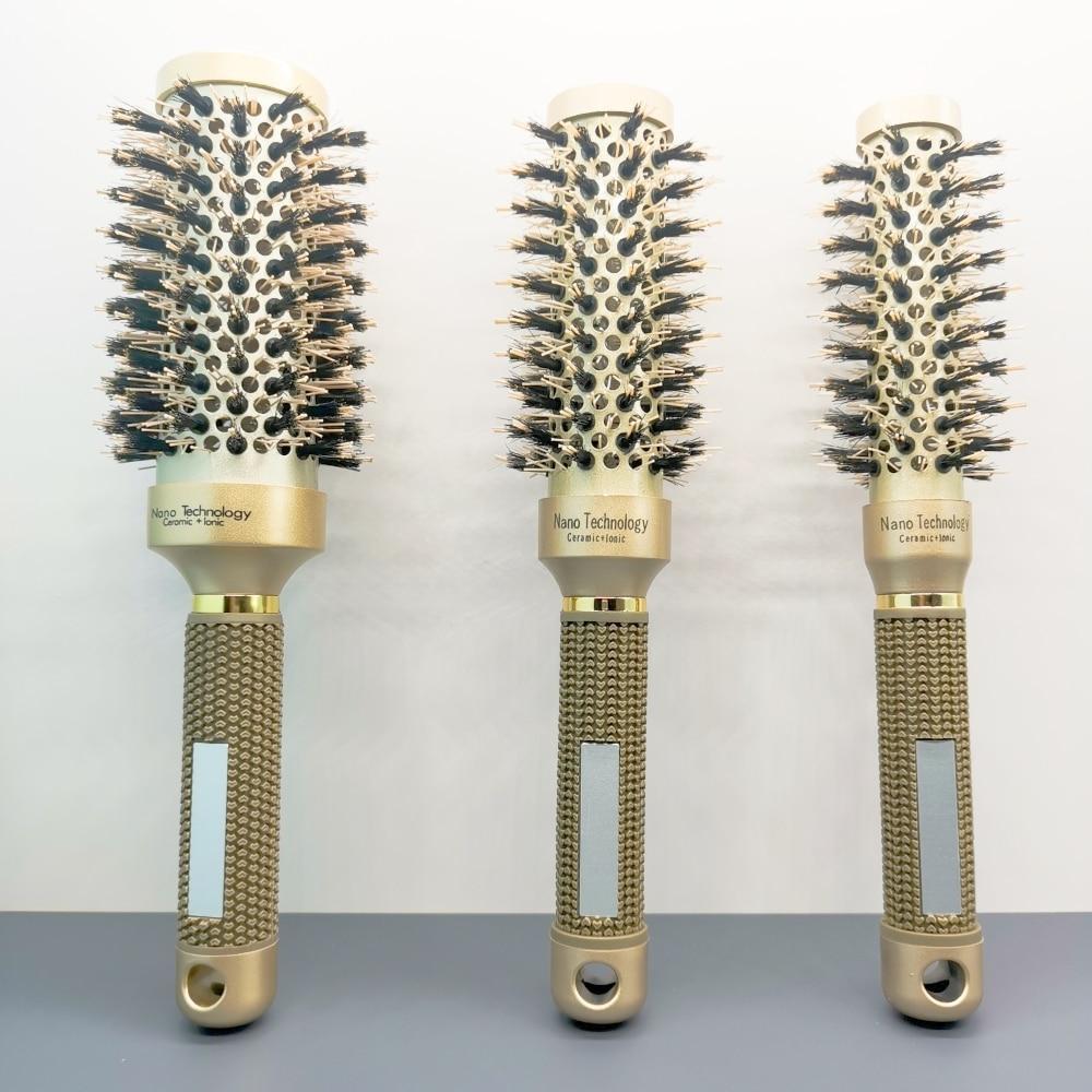 Brosse de coiffure ionique en poils de sanglier pour sèche-cheveux, brosse ronde en céramique pour sèche-cheveux