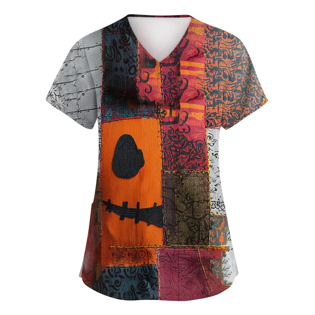 Women's Fashion Short Sleeve Halloween Print V-Neck Pocket Workwear Tops