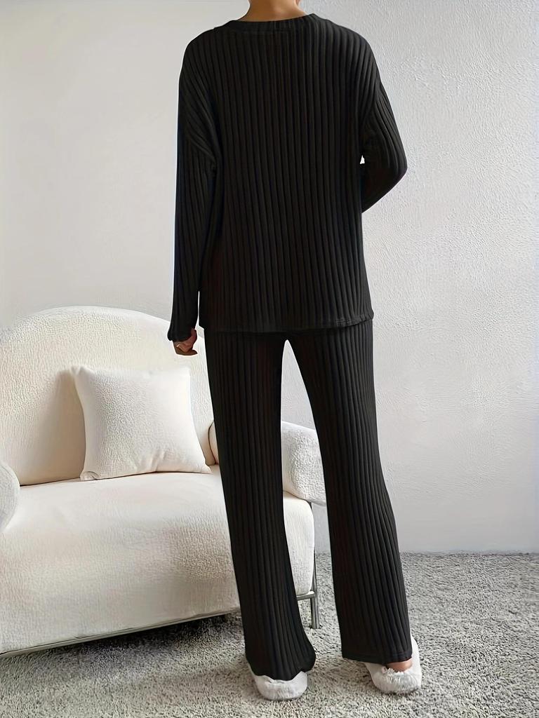 Large Ribbed V-neck Long Sleeve Women's Pant Suit Casual Two-Piece Set - 2025 Autumn/Winter Collection