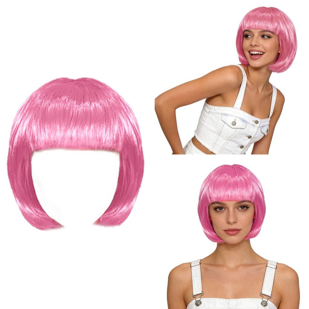 Short Straight Bob Hairpiece for Women Blunt Cut Bangs Cosplay Wig Halloween Themed Party Daily Use