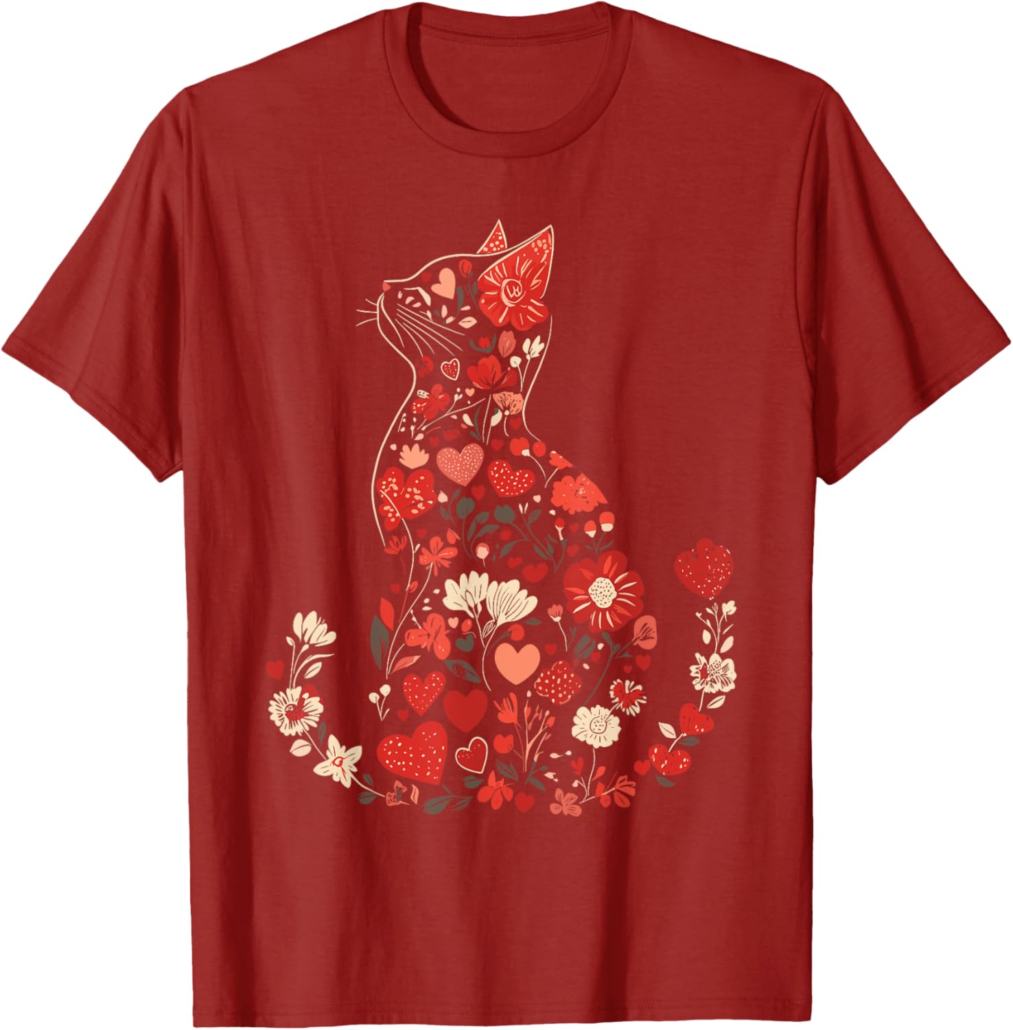 Floral Cat Silhouette T-Shirt Cute Flower Hearts Graphic Tee for Cat Owners Daily Wear S