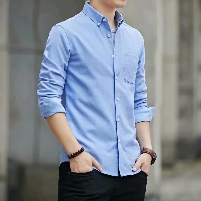 Spring and Autumn Men's Long-sleeved Shirt Oxford Casual Shirt  Thin Solid Color Versatile Bottoming for Young and Middle-aged People Cotton