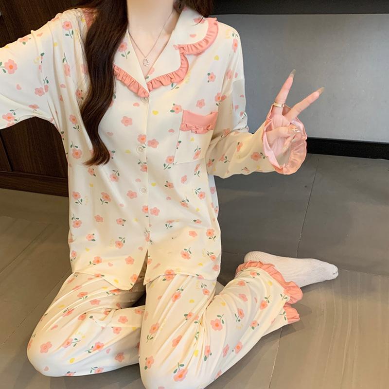 Sweet Lace Pajamas Women's Spring and Autumn New Flowers Full of Imitation Cotton Long Sleeves Can Be Worn Outside Loungewear Suit