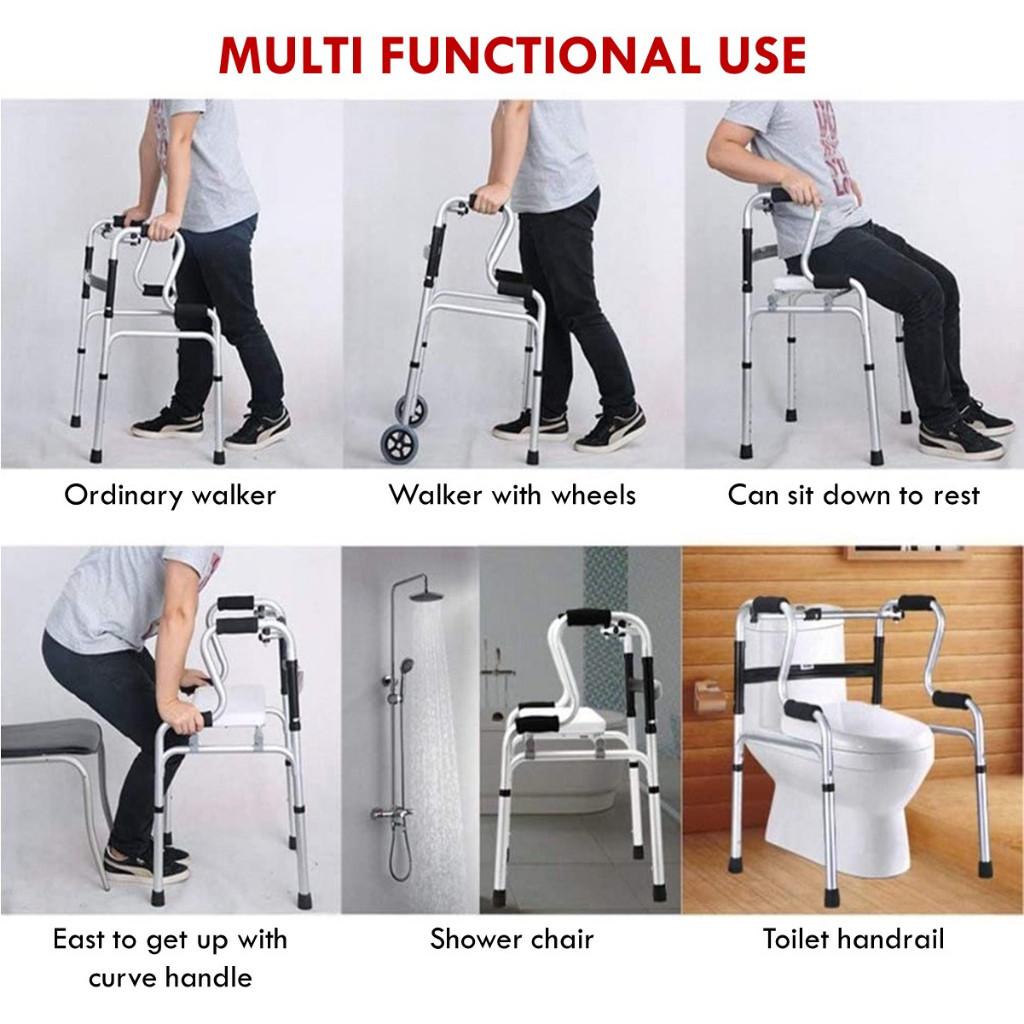 3-in-1-Gehgestell aus Aluminiumlegierung, höhenverstellbar, faltbar, Gehhalter für ältere Menschen, Toilettenstütze, Duschstuhl