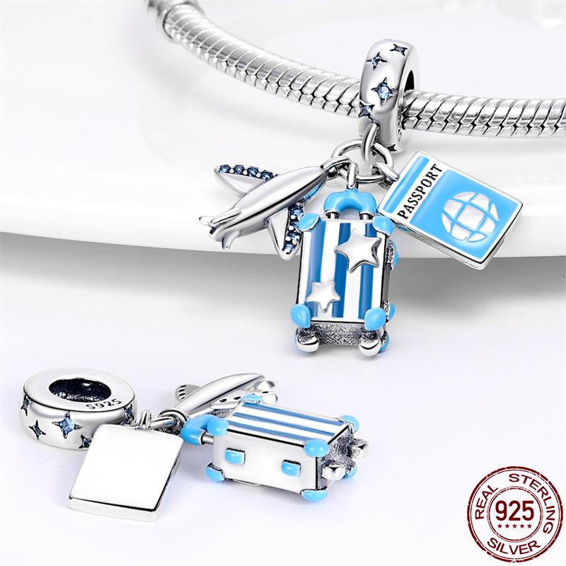 Original SS925 Sterling Silver Blue Travel Earth Camera Charm Fit  Bracelet DIY Pendant Woman Jewelry Hot Sale New In