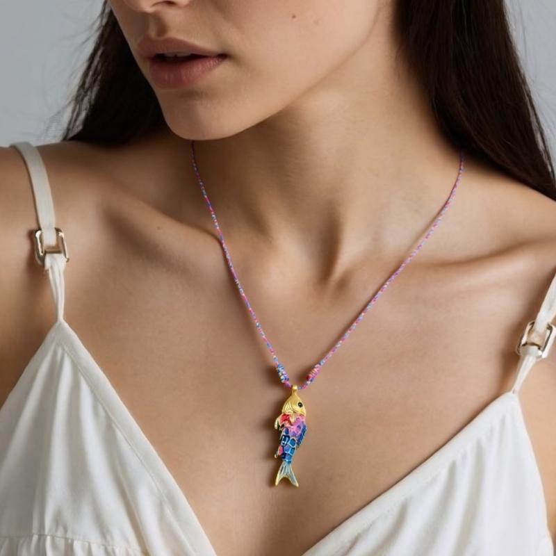 Colorful Adjustable Rope Chain Necklace Stainless Steel Oceanics Fish Charm Sturdy Jewelry Gift