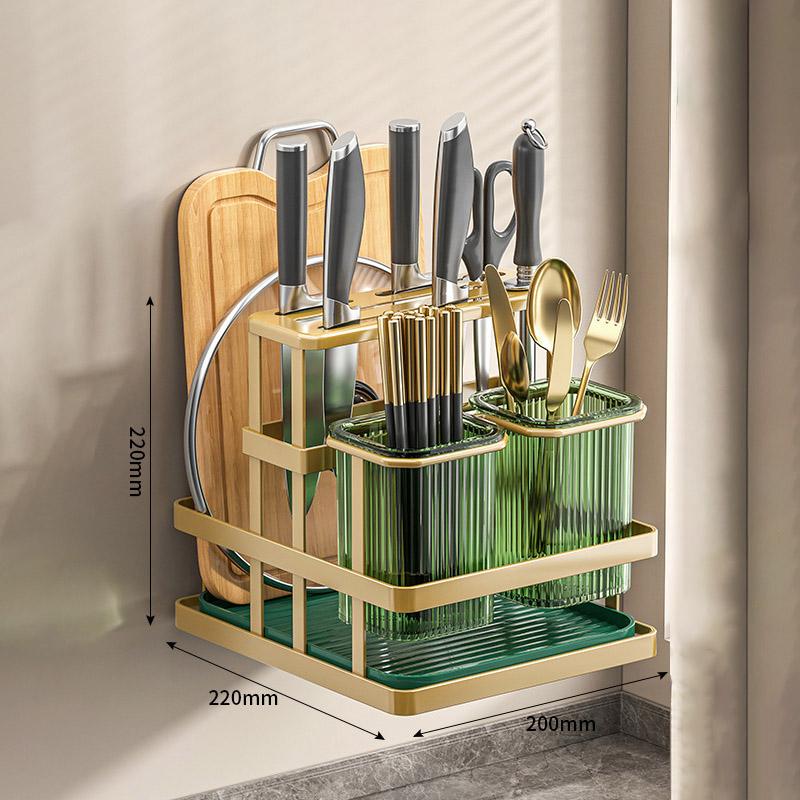 Kitchen Knife Rack Wall Mounted Cutlery Organizer Stainless Steel Pot Cover Knife Holder Chopping Board Drain Organizer Shelf