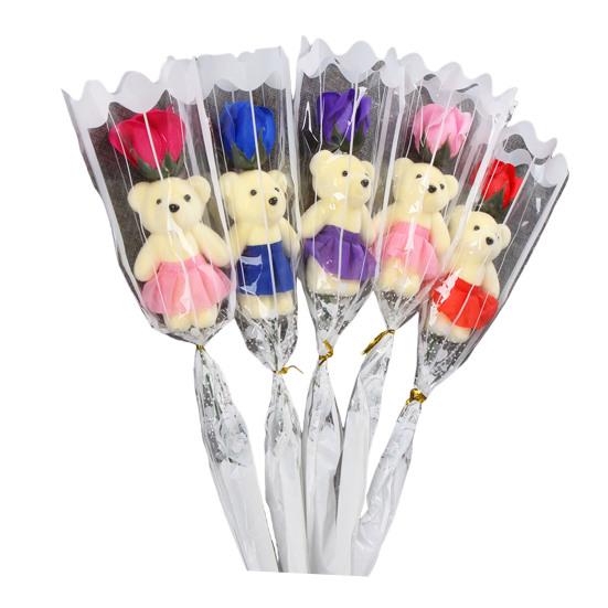 Valentine's Rose Flower Bouquet with Bear Single Soap Flower with Plush Bear Artificial Rose Bouquet Gifts for Weddings Anniversaries