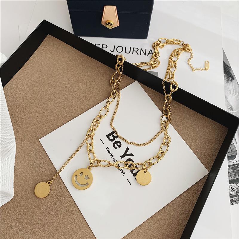 Double Layer Smiley Face Clavicle Necklace - Trendy Titanium Steel Hip Hop Chain for Women