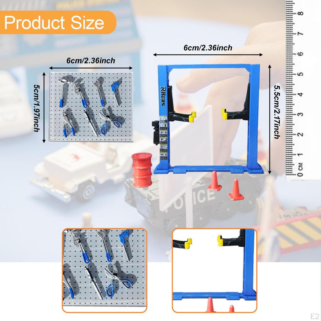 1/64 Diorama Car Garage Maintenance Tools Architecture Model Realistic Traffic Cones Lift Gantry